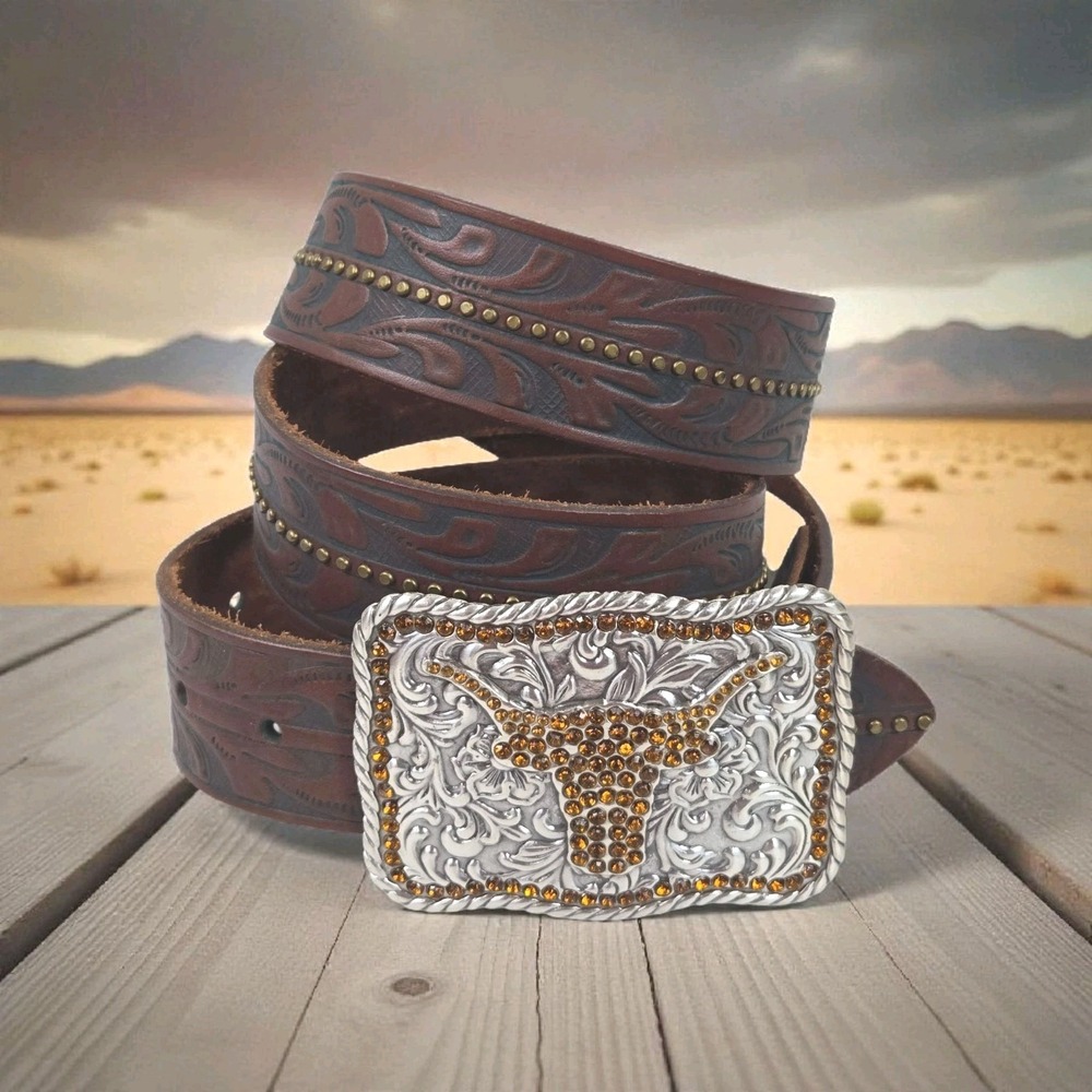 Vtg Enmon Tooled Leather Western Belt w Silver Buckle Rhinestone Longhorn 36-40